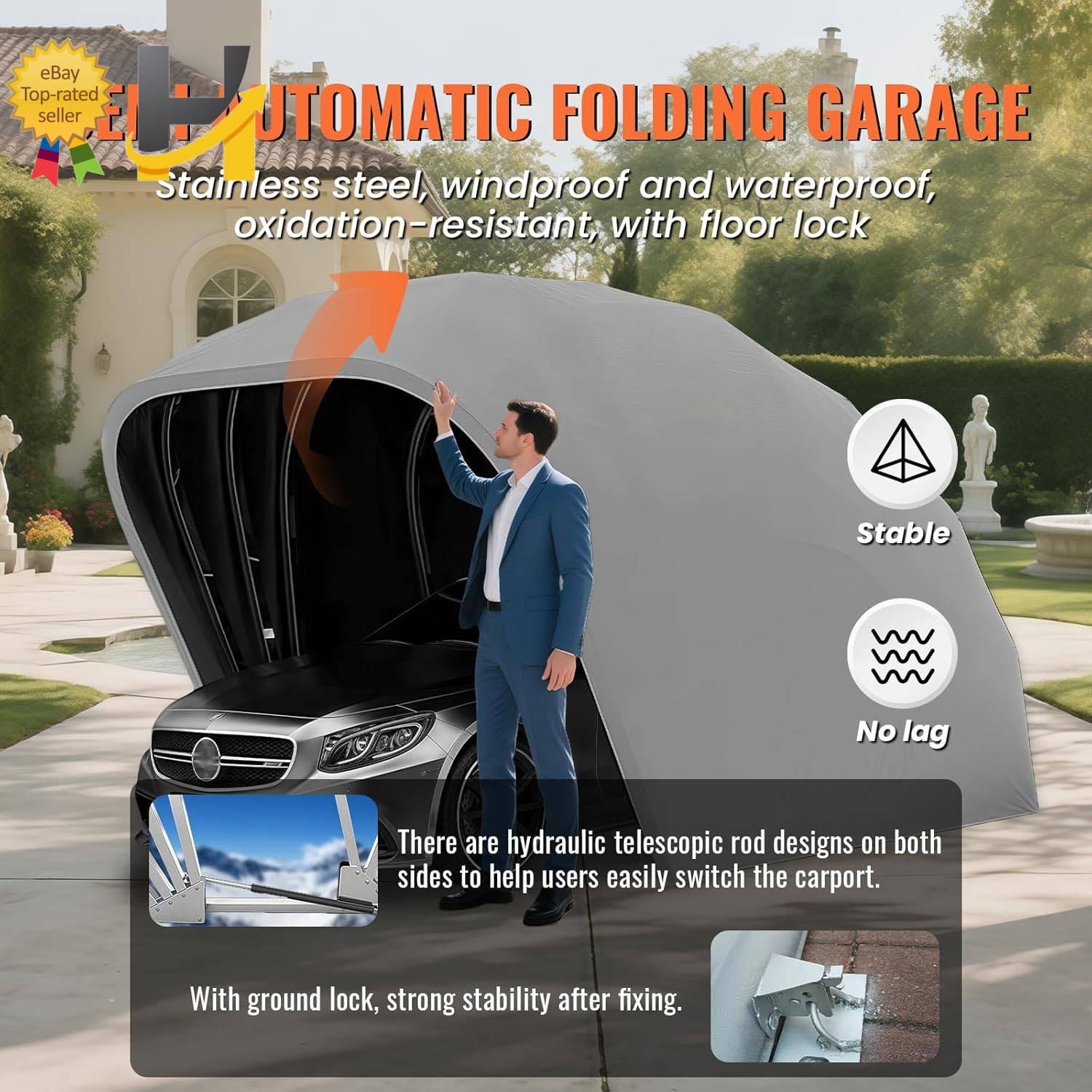 Retractable Carport Semi-Automatic Foldable Car Port Stainless Steel Portable Ga