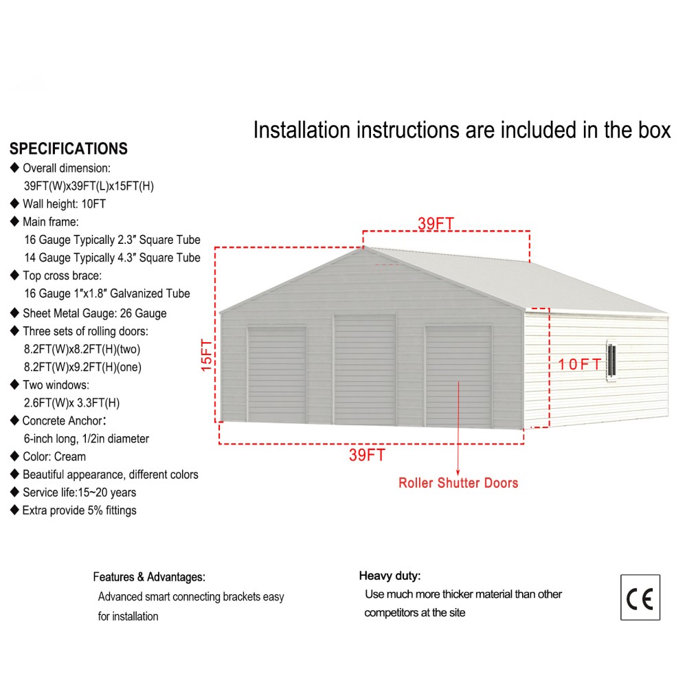 39×39 Metal Barn Heavy-Duty Steel Building w/ 3 Rolling Doors Garage Shed