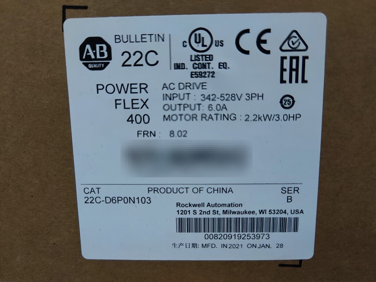 Allen-Bradley POWERFLEX400 3HP CAT 22C-D6P0N103