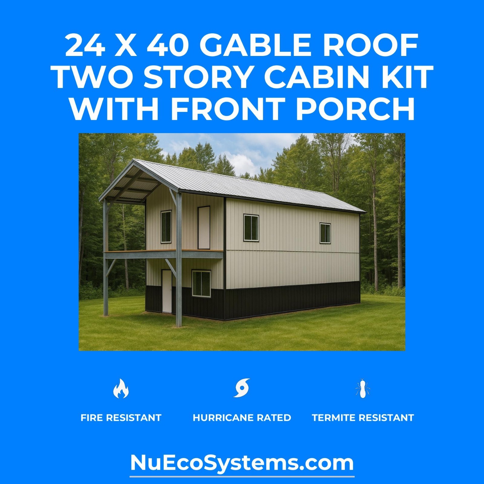 US Made Galvanized Steel 20 x 39 On & Off Grid Cabin Kit Covered Patio