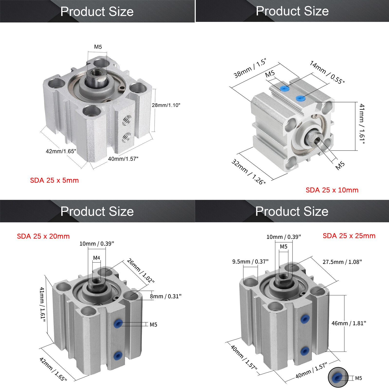 SDA 16/20/25mm Bore Thin Pneumatic Air Cylinder 5~100mm Stroke Double Acting Lot