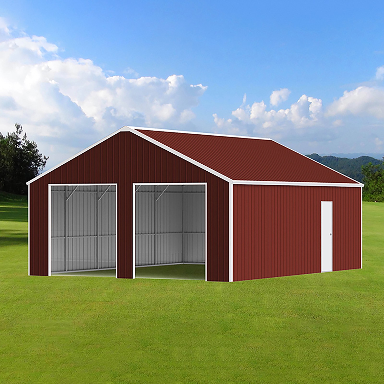 22×23 FT Double Garage Steel Barn Shed Red-Brown Heavy Duty Metal