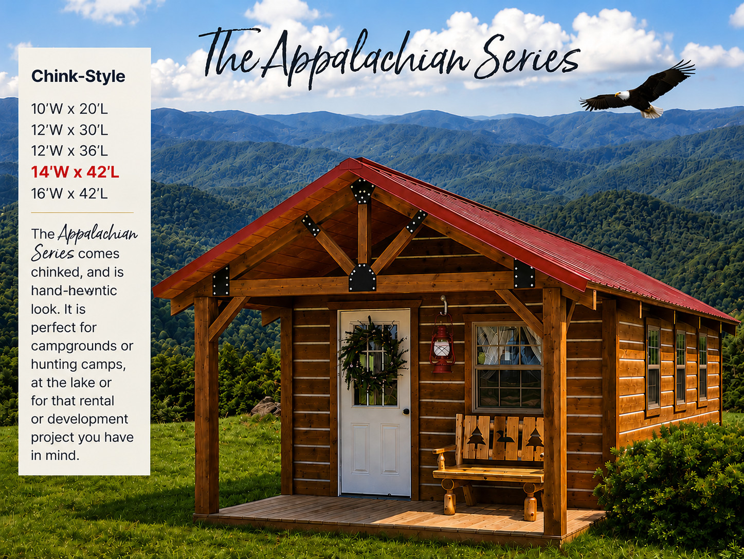 Log Cabin Kit 14′ x 42′ *** SHIPPING NATIONWIDE *** The Appalachian Series