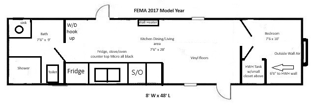 2018 FEMA Mobile Home 1BR/1BA 8×48 WZ3- HVAC-SHIP ALL SOUTHEAST STATES