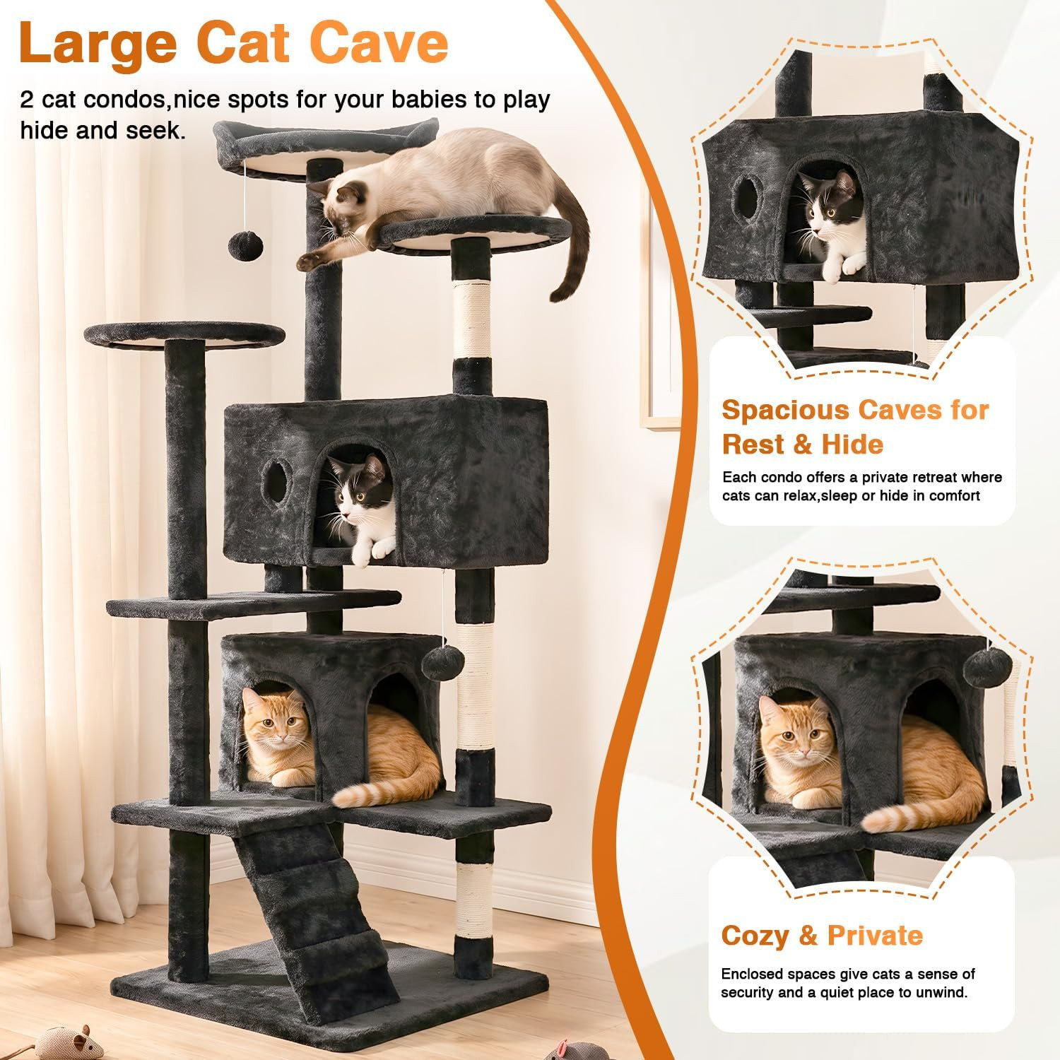 | 54″ Cat Tree Tower | Dark Gray | Multi-Level Indoor Activity Center with Sisal