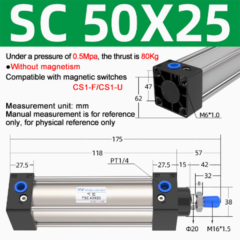 SC50mm Bore 25~200mm Stroke Single Rod Double Action Pneumatic Air Cylinder 1pcs