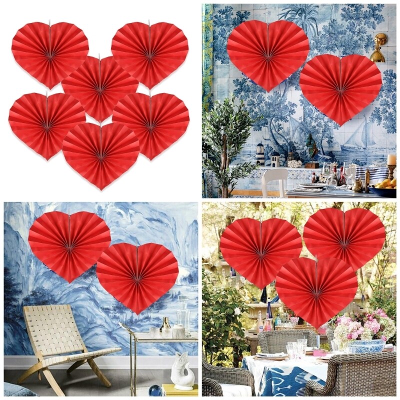6pcs Heart Shaped Paper Fan for Party Decoration Decorative Folding Fan Ornament