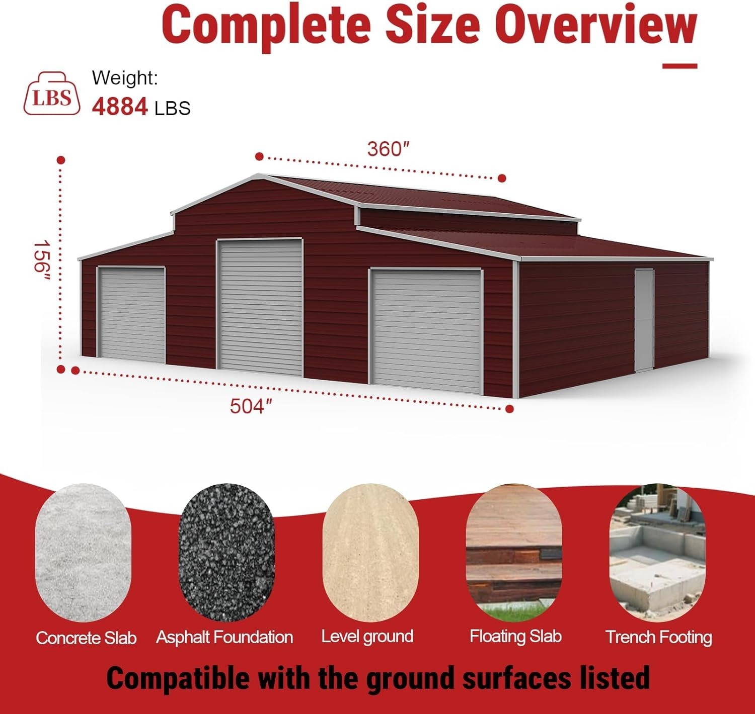 42’x30’x13′ Metal Garage Shed Barn Outdoor Storage Shed Galvanized Steel Red