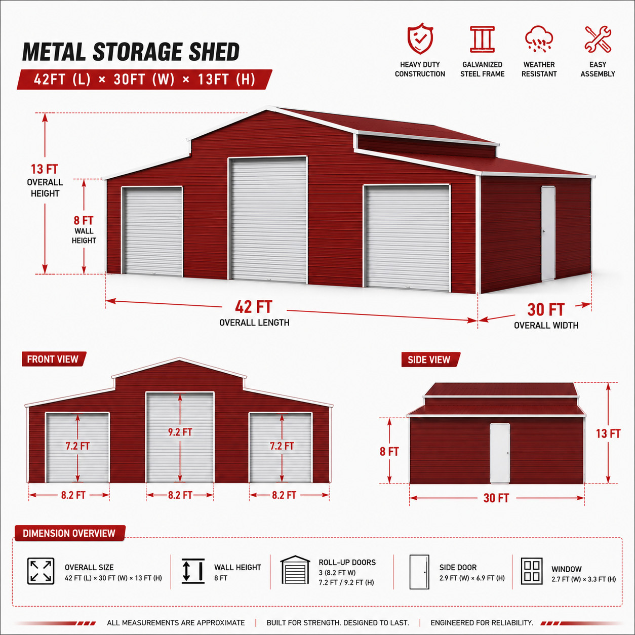 42’x30’x13′ Metal Garage Shed Barn Outdoor Storage Heavy Duty Galvanized Steel