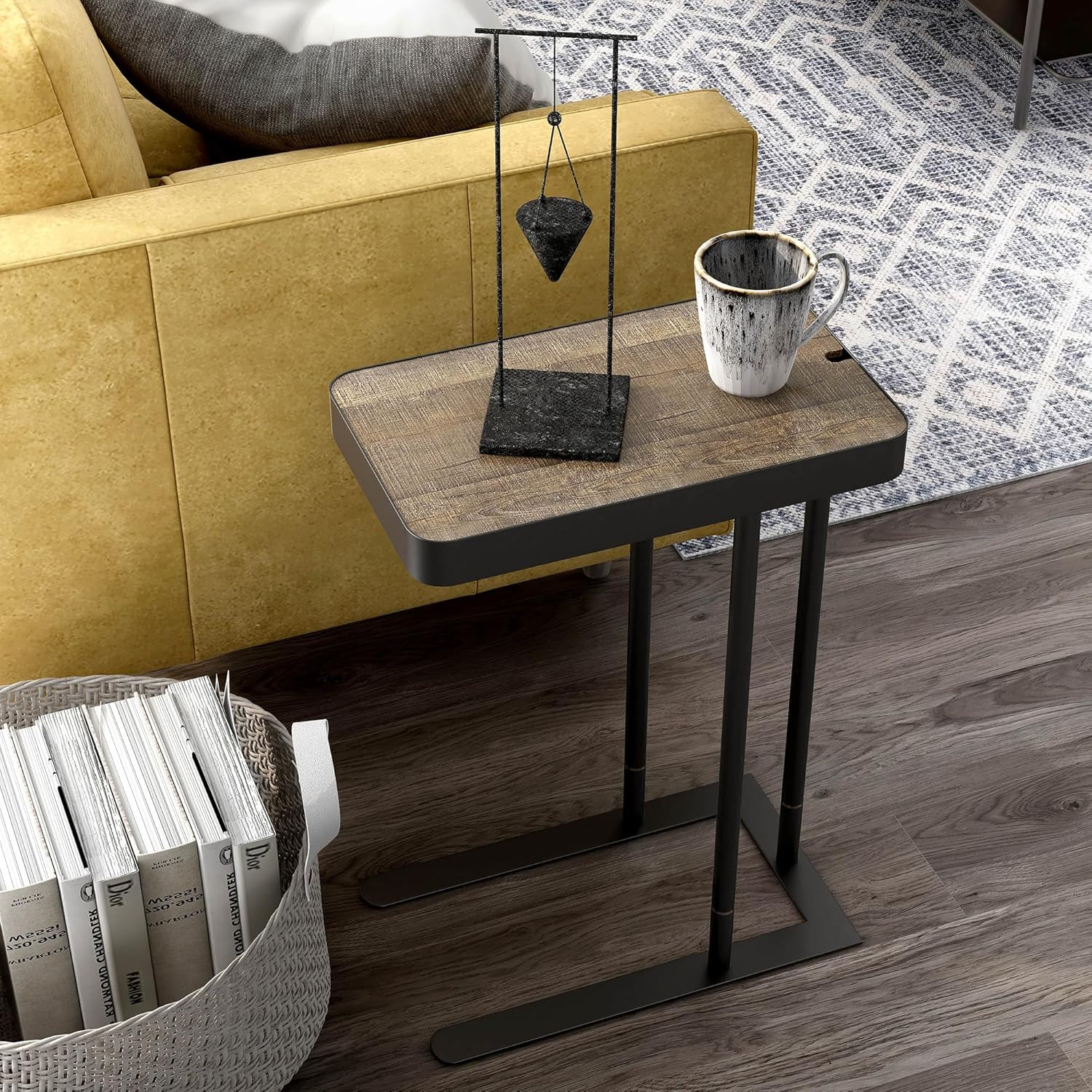 Soren Industrial 20 In. Metal C-Shaped Height Adjustable Side Table with Hidden