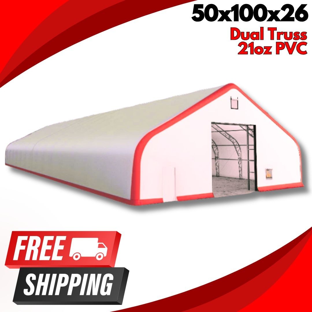 50x100x26 DUAL TRUSS *21oz PVC* Canvas Fabric Storage Building Shelter Barn Shop