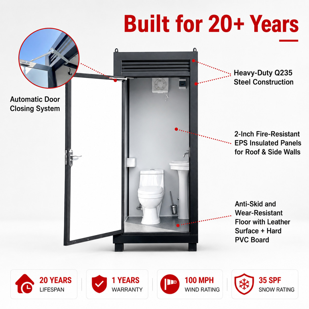 Portable Outdoor Toilet Cabin Mobile Restroom Single Stall with Sink & Vent Fan