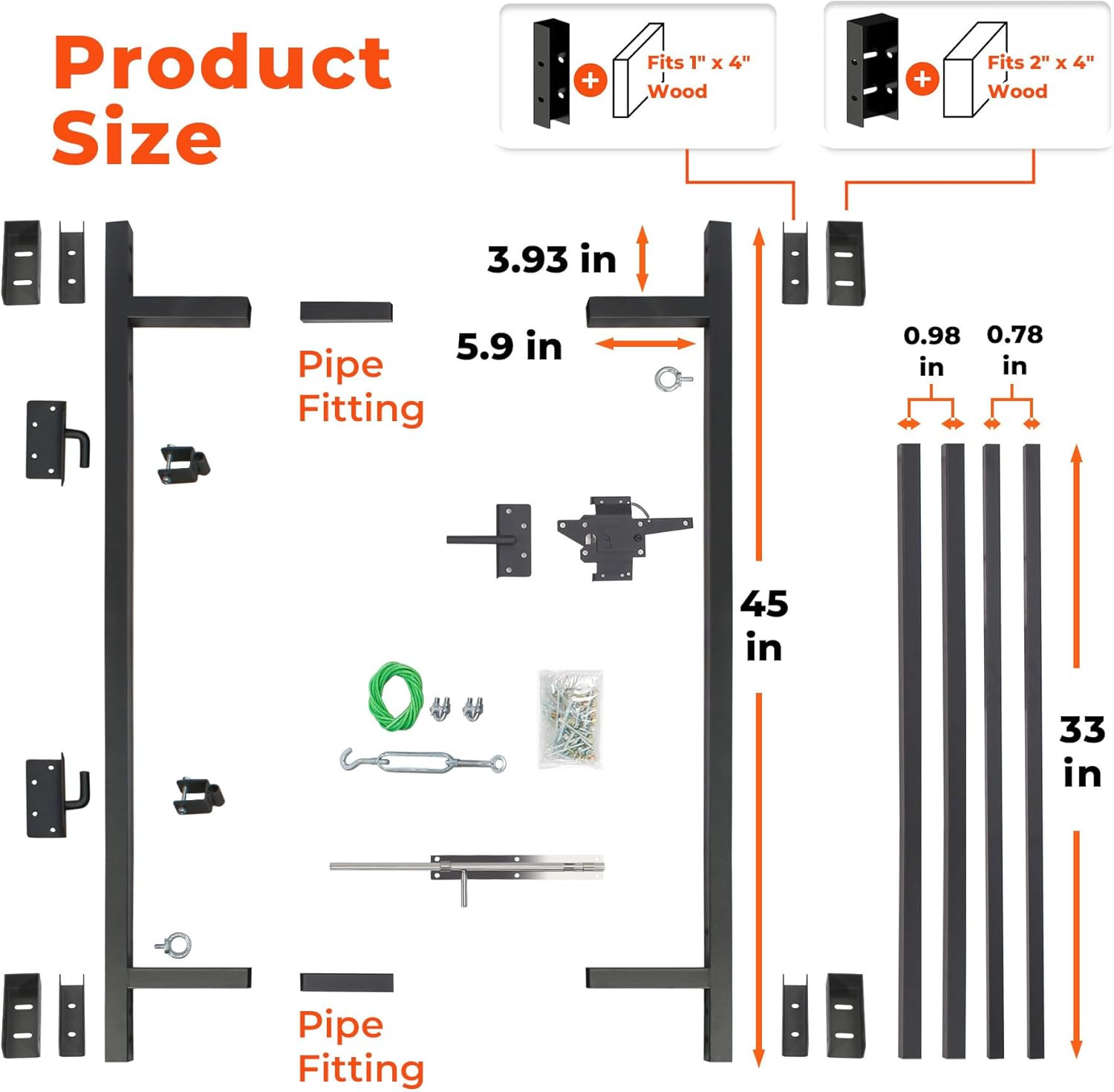 DIY Adjustable Steel Frame Gate Kit for 4-5 Ft Fences, 36-72″ Wide