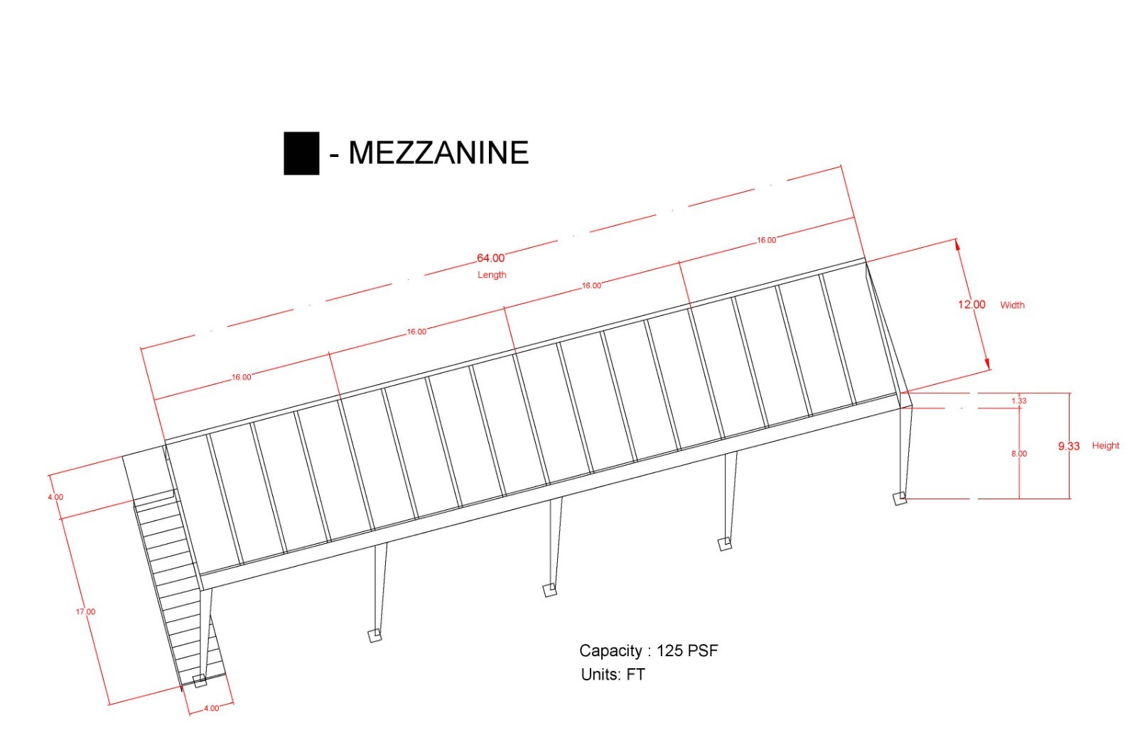 64′ L x 12′ W x 8′ H Steel Mezzanine with Stairs Included