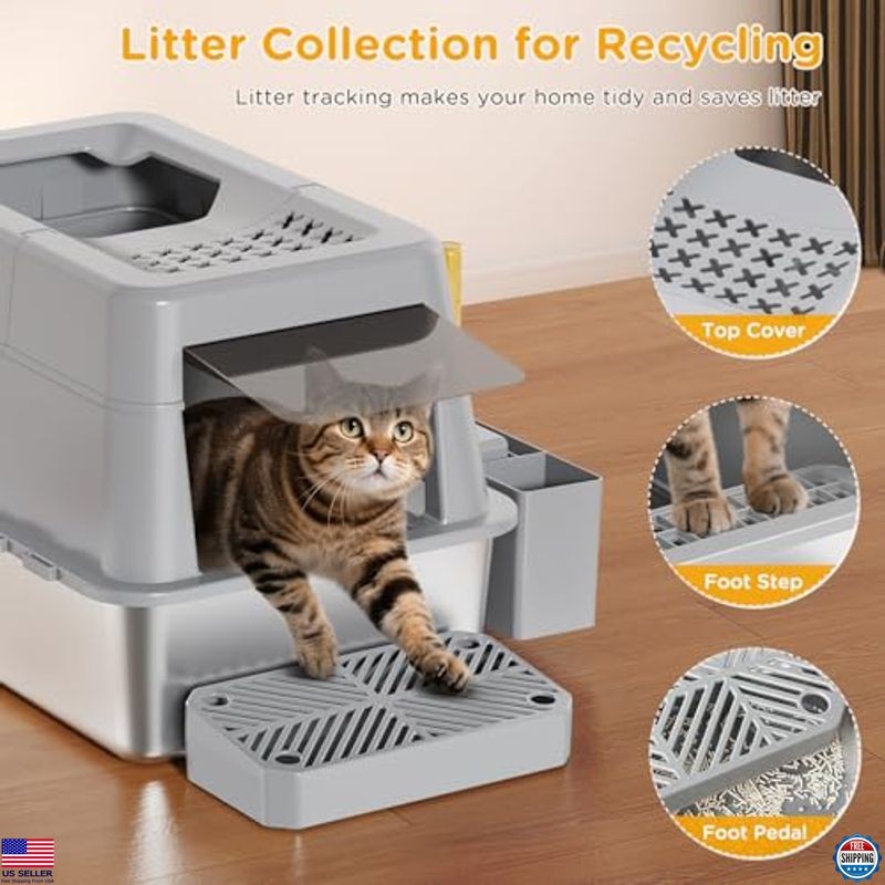 Extra Large Stainless Steel Cat Litter Box with Lid – High-Sided, Covered Access