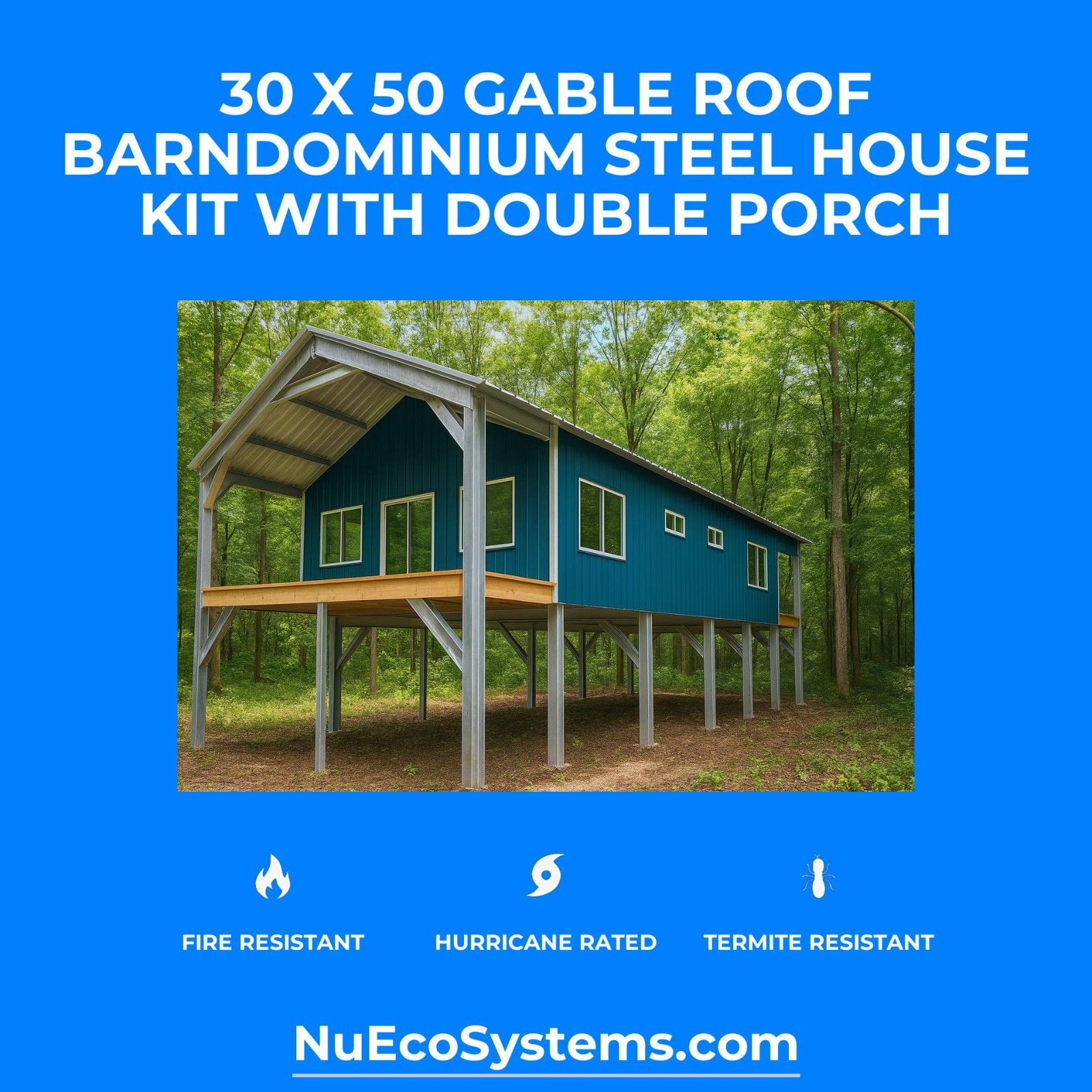 30 X 40 HURRICANE RATED Gable Tall Galvanized Steel Barndominium Kit on Piers