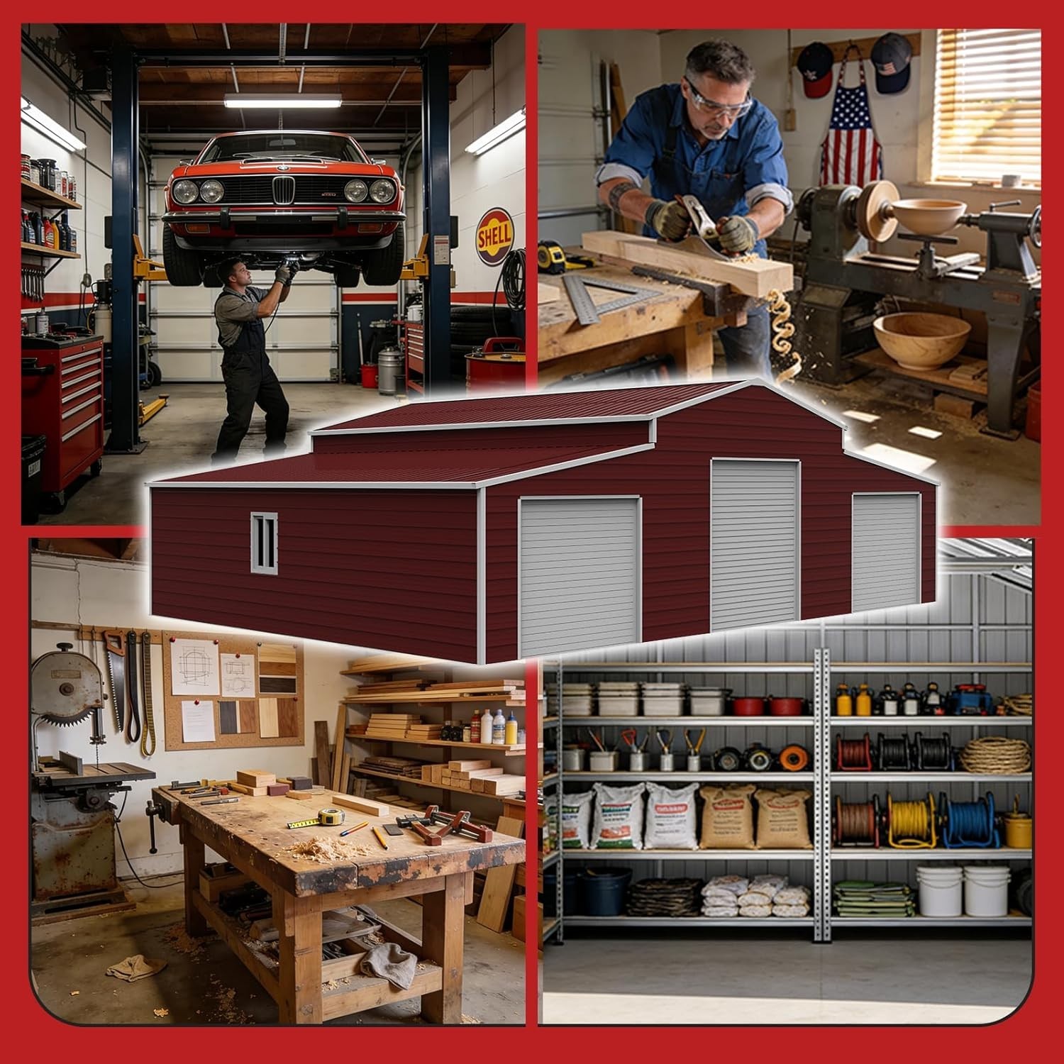 42’x30’x13′ Metal Garage Shed Barn Outdoor Storage Shed Galvanized Steel Red