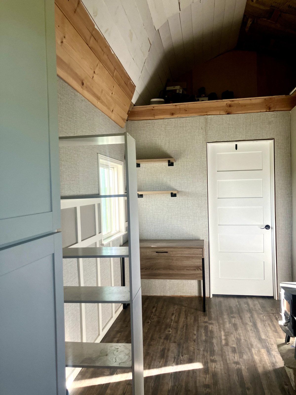 Tiny house for sale – on skids (12x24ft) 95% Finished, Blue, with small porch