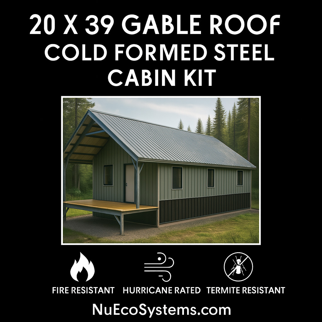 US Made Galvanized Steel 20 x 39 On & Off Grid Cabin Kit Covered Patio