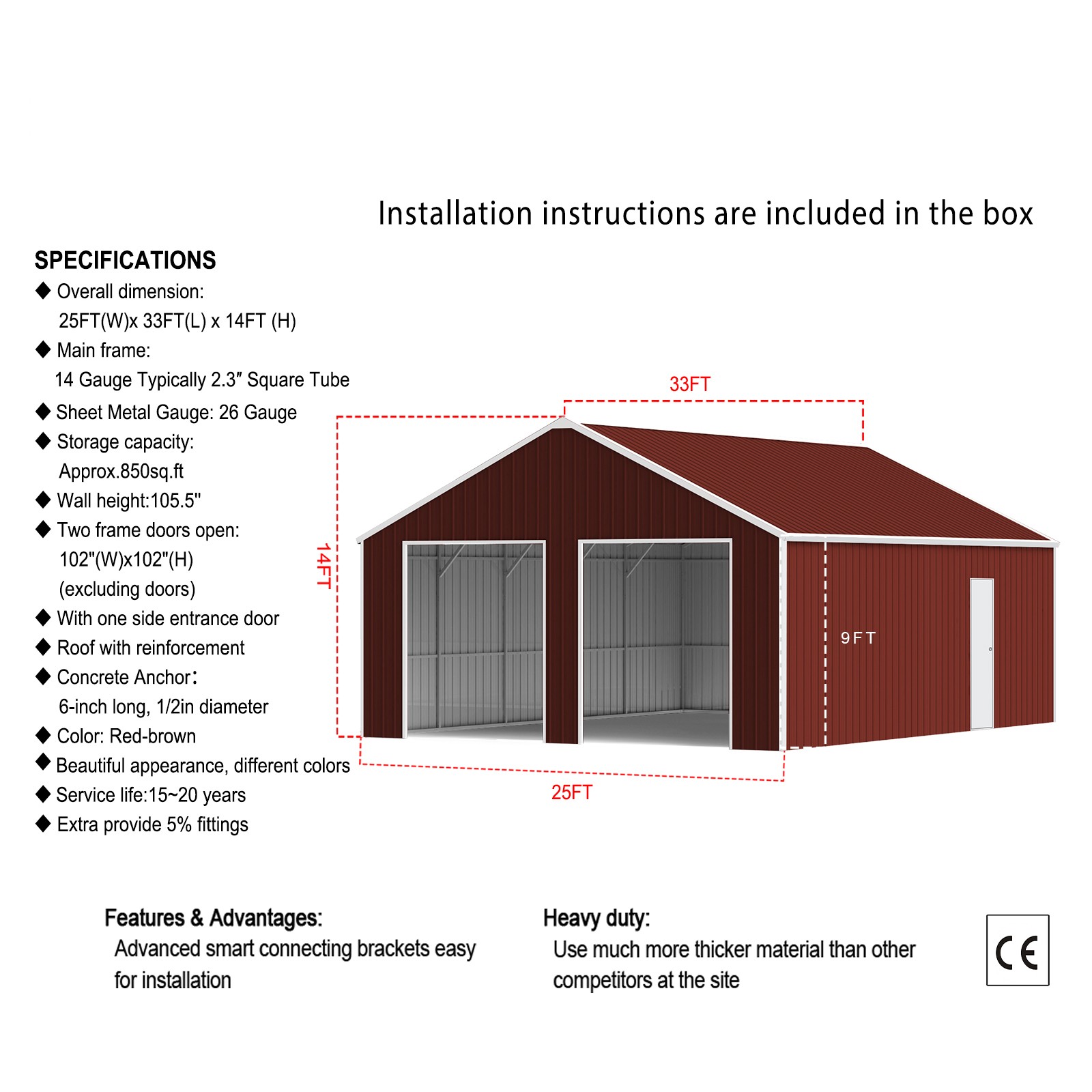 25x33FT 14-Gauge Steel Garage Barn Dual Doors