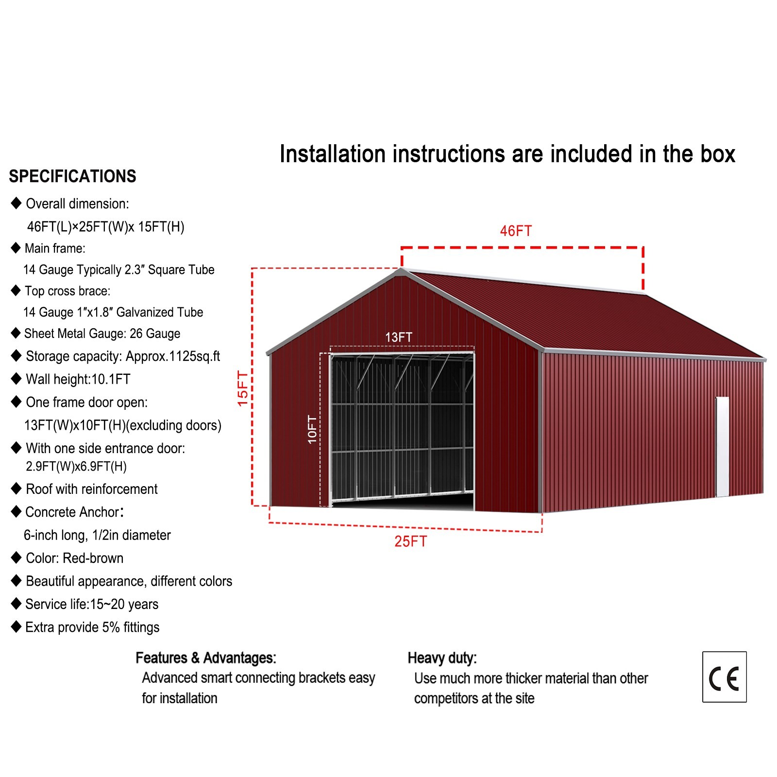 46*25*15ft Heavy Duty Reinforced Steel Farm Garage Barn Storage Shed 1150 sq.ft