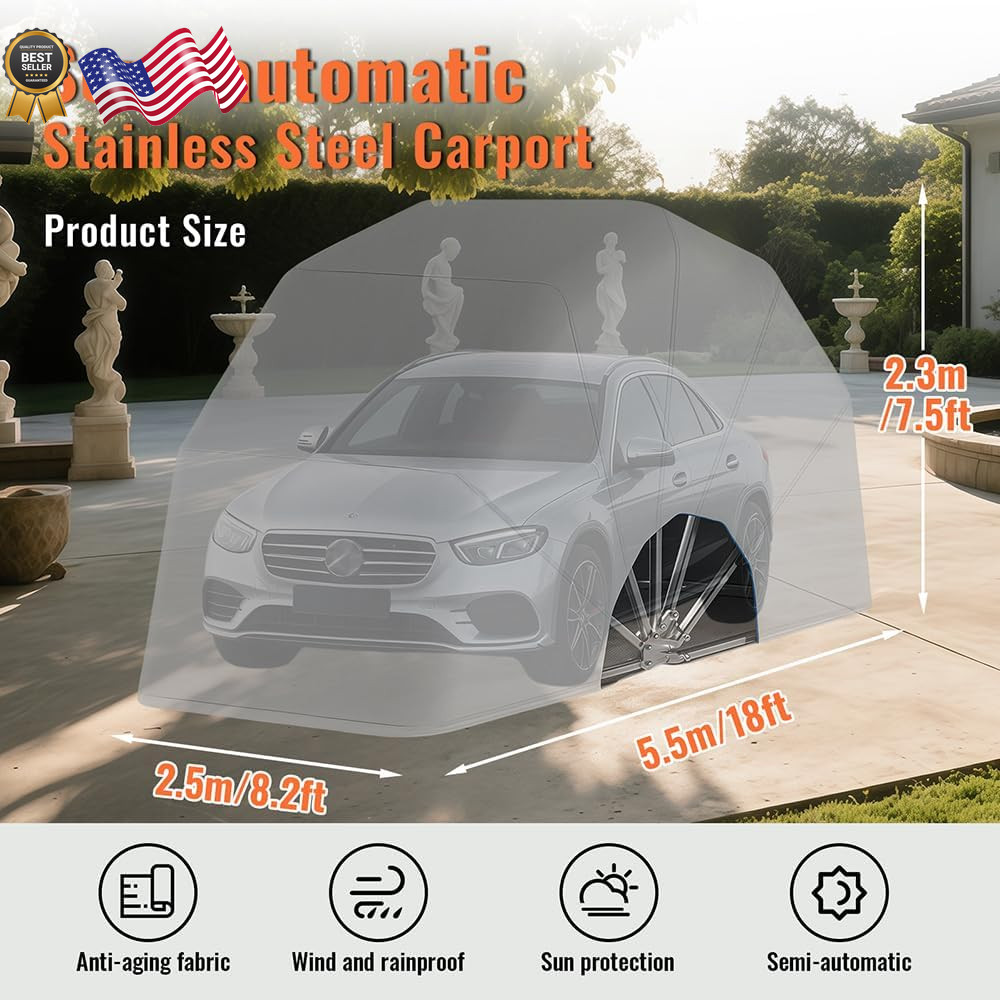 Heavy Duty Retractable Carport – Portable Lockable Car Shelter 8×8.2×7.5FT