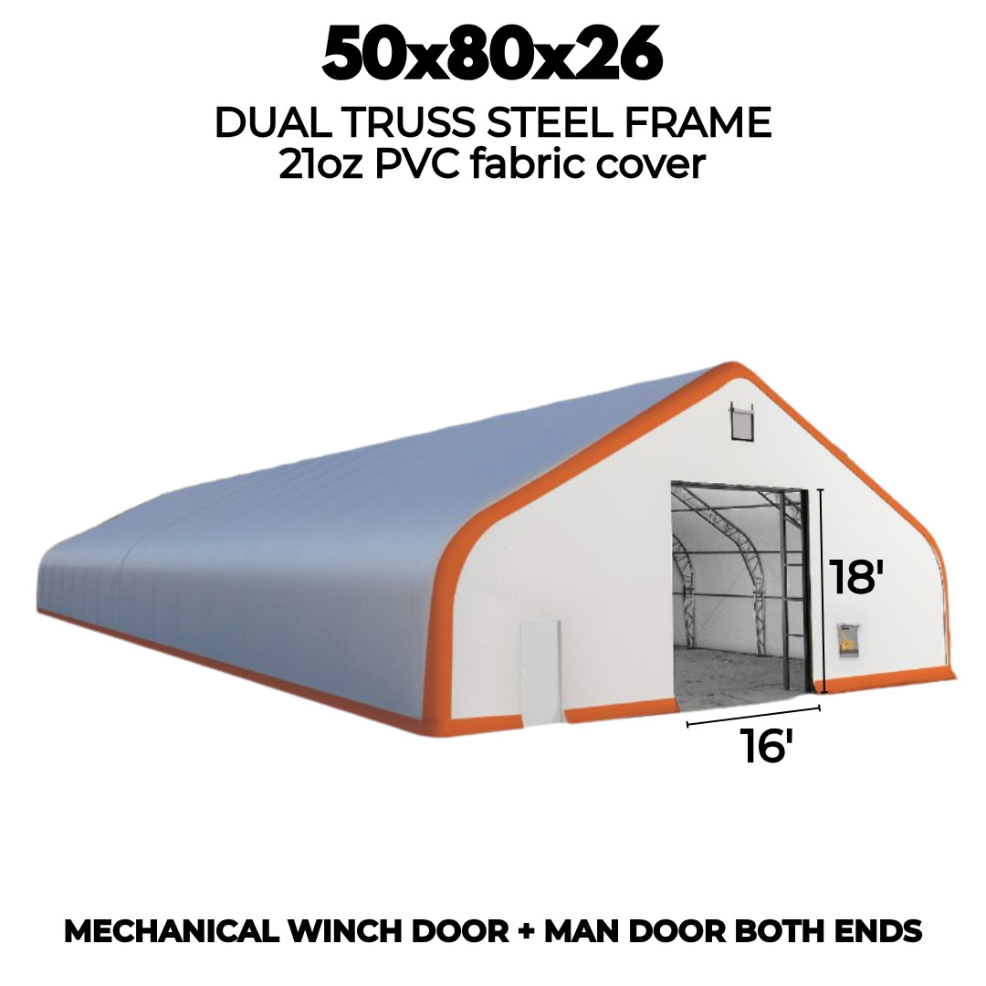 50x80x26 DUAL TRUSS *21oz PVC* Canvas Fabric Storage Building Shelter Barn Shop