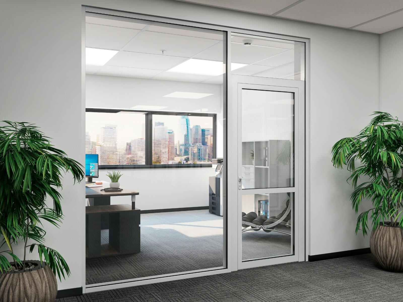 CGP Office Partition System, Glass Aluminum Wall 13′ x 9′ w/ Door Clear Anodized