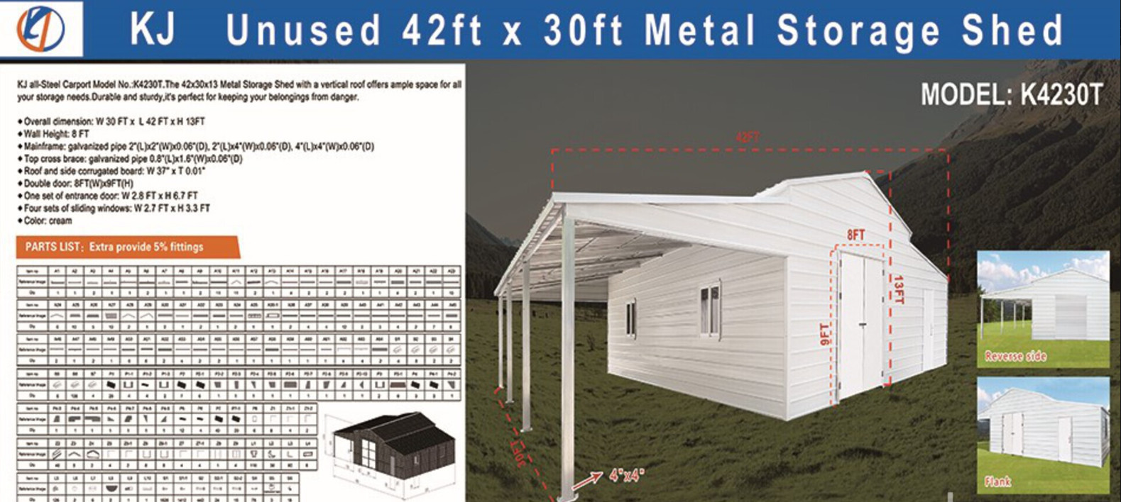 42′ x 30’x 13′ Metal Car Garage/Outdoor Storage Shed/Heavy Duty Galvanized Steel