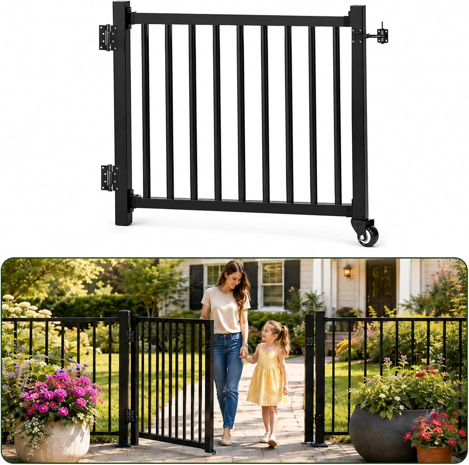 Deck Gate with Wheels, 42In. H X 4Ft. W Black Heavy Duty Steel Anti-Rust Fence D