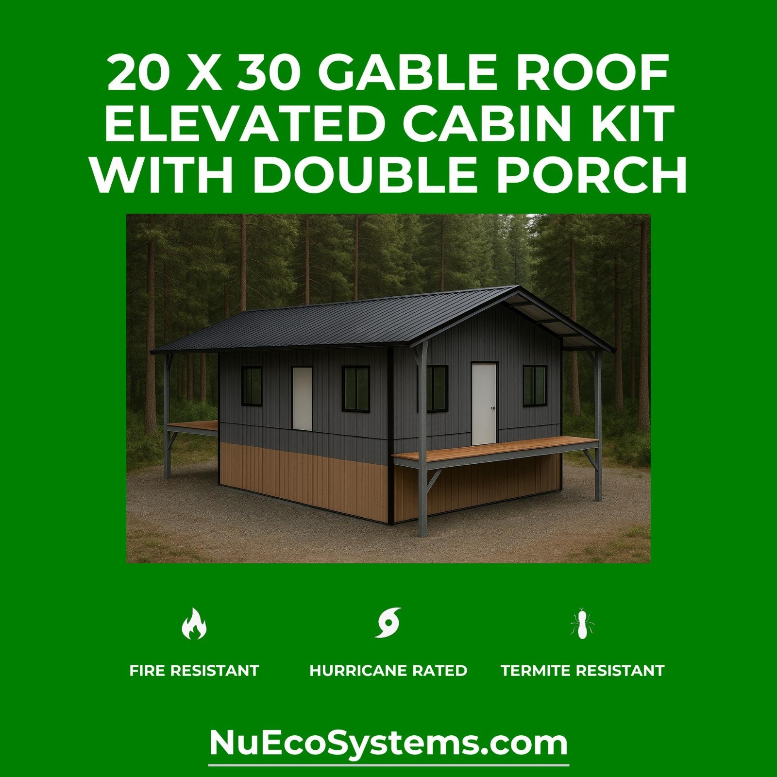U.S. Made Galvanized Steel On & Off Grid 15 x 30 Cabin Kit Large Porch