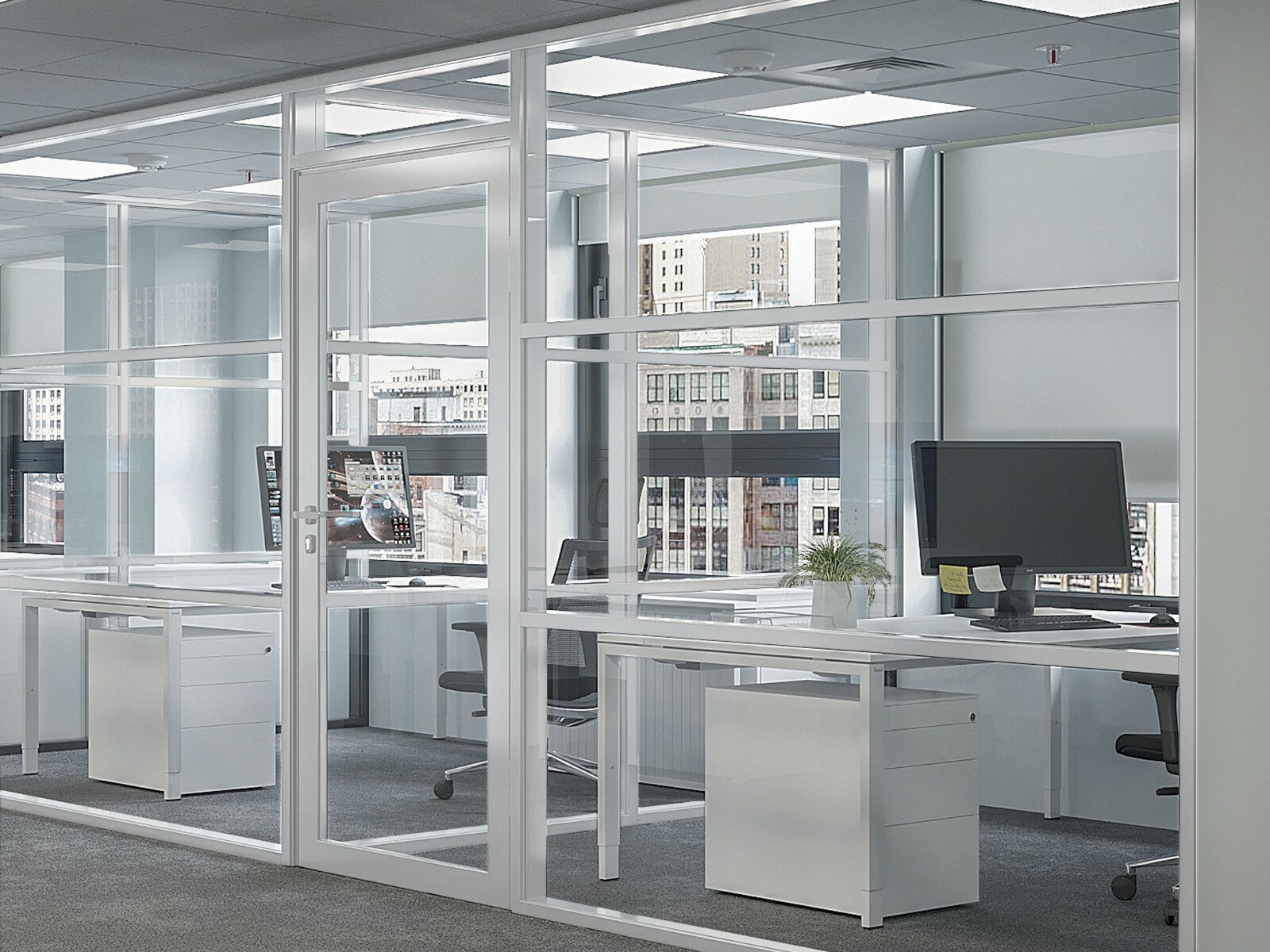 CGP Office Partition System, Glass Aluminum Wall 17’x9’ w/Door, WHITE SEMI