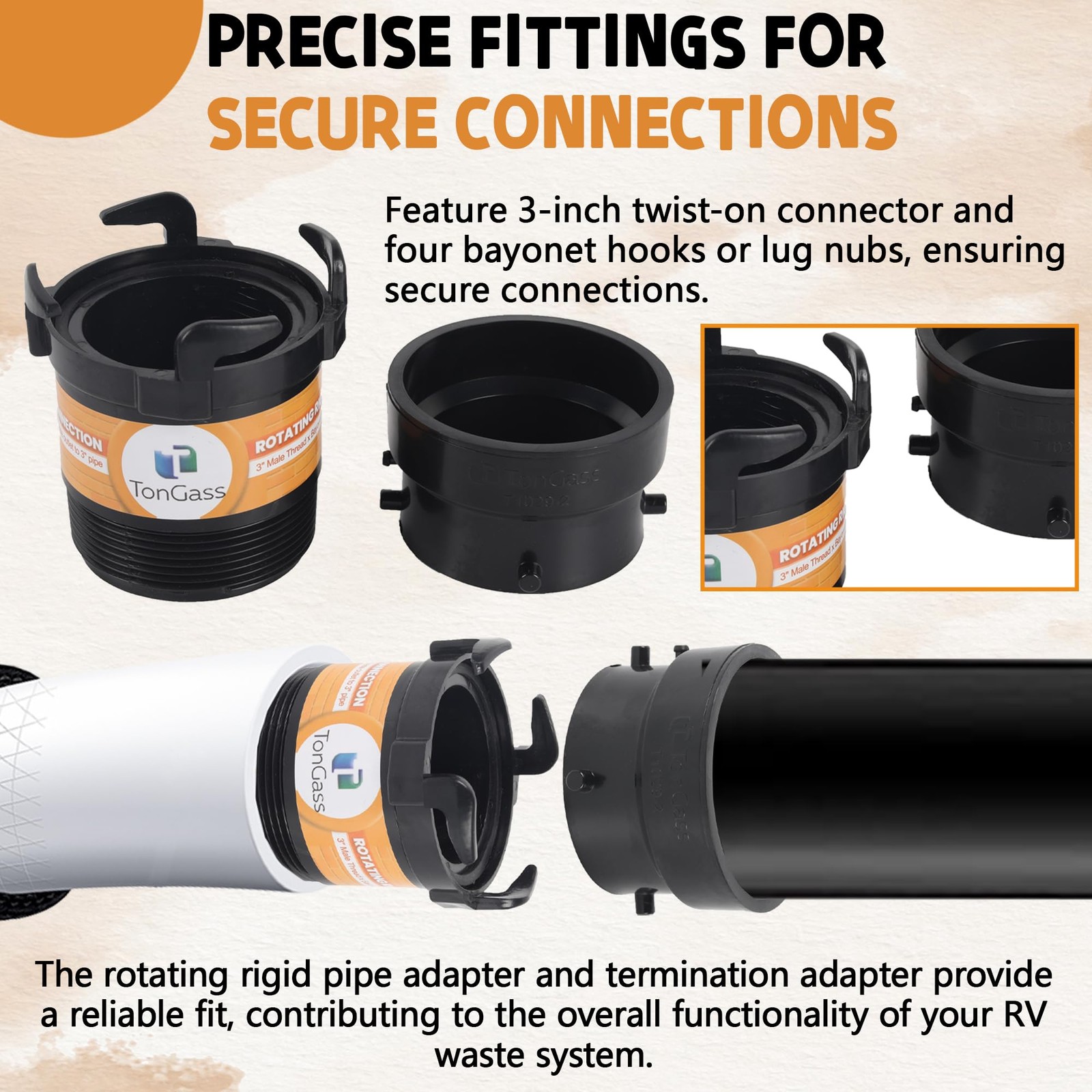 TonGass (2 x Combo Pack, Black) RV Sewer Pipe Adapter, 2 x Black