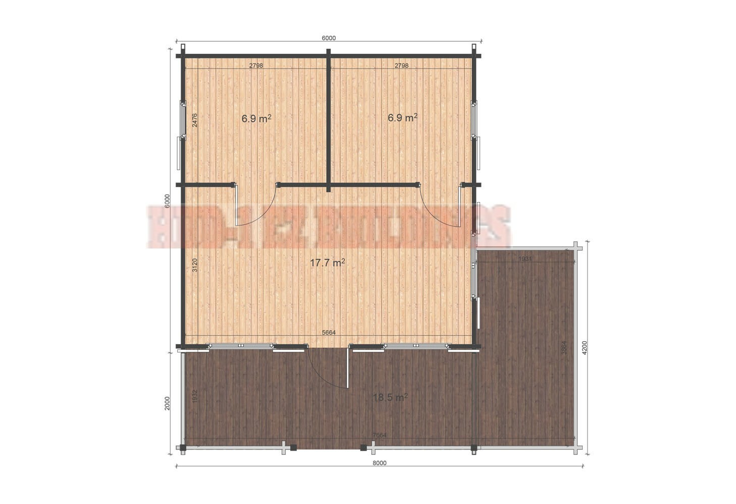 Gustav J68A 19 ft. 6 in x 19 ft. 6 in multi room log cabin style building kit