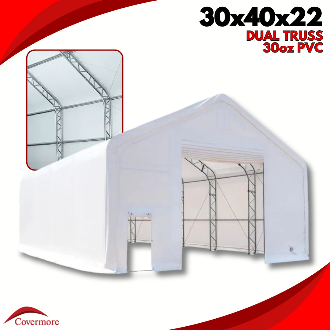 30’x40’x22′ HEAVY DUTY Dual Truss 30 oz PVC Fabric Storage Building
