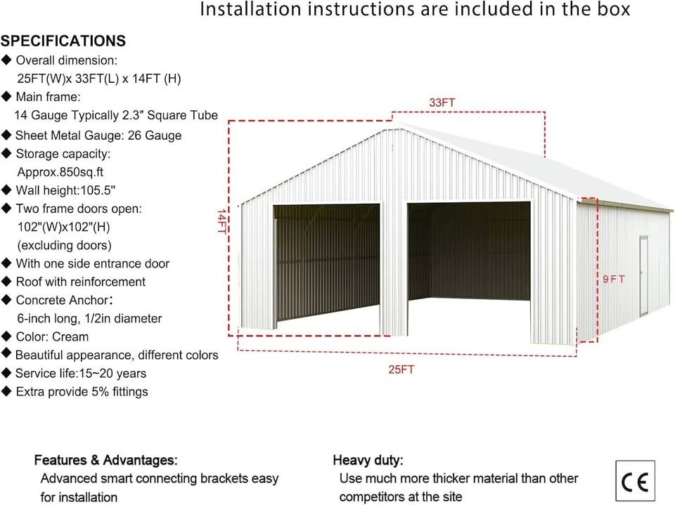 25x33x14 Metal Building Workshop 2 door garage new in crate