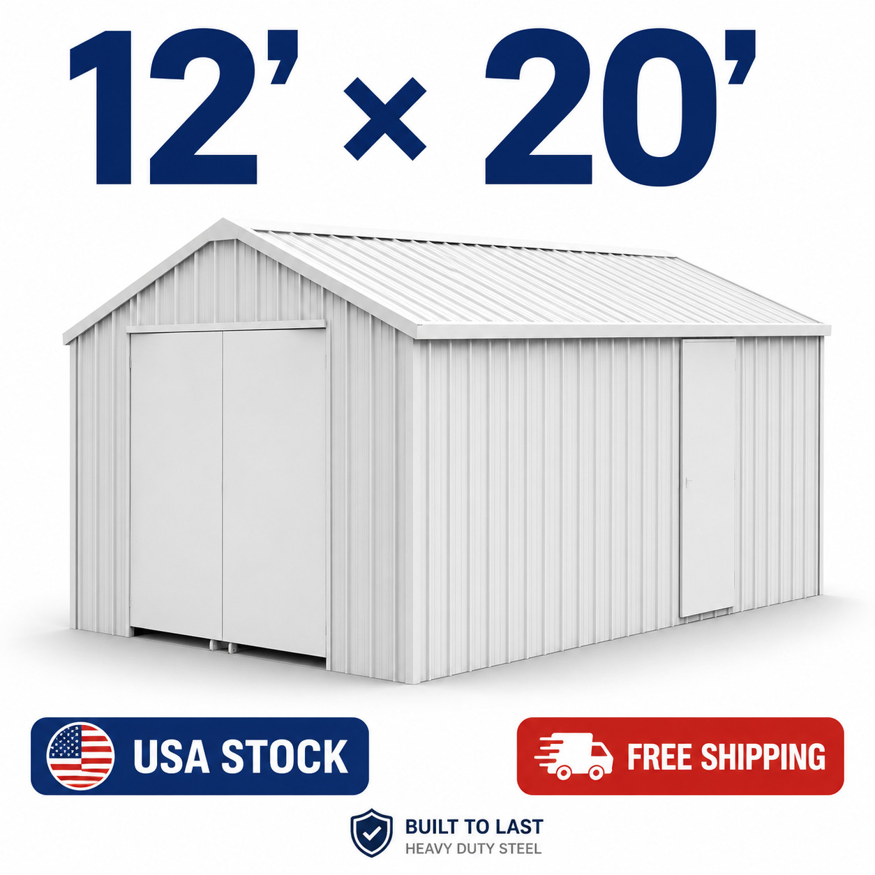 12′ x 20′ Heavy Duty Metal Storage Shed Steel Building w/ Side Door White