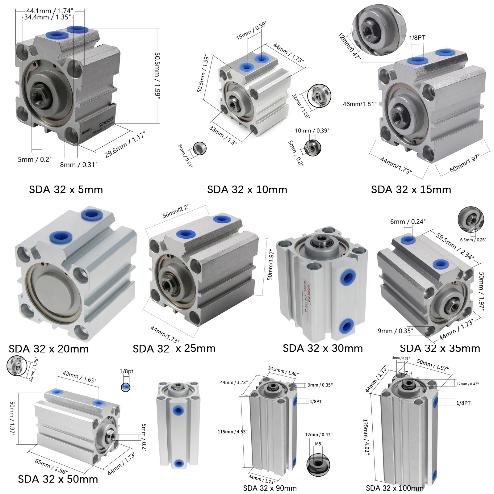 SDA 32/40mm Bore Thin Pneumatic Air Cylinder 5~100mm Stroke Double Acting Alloy