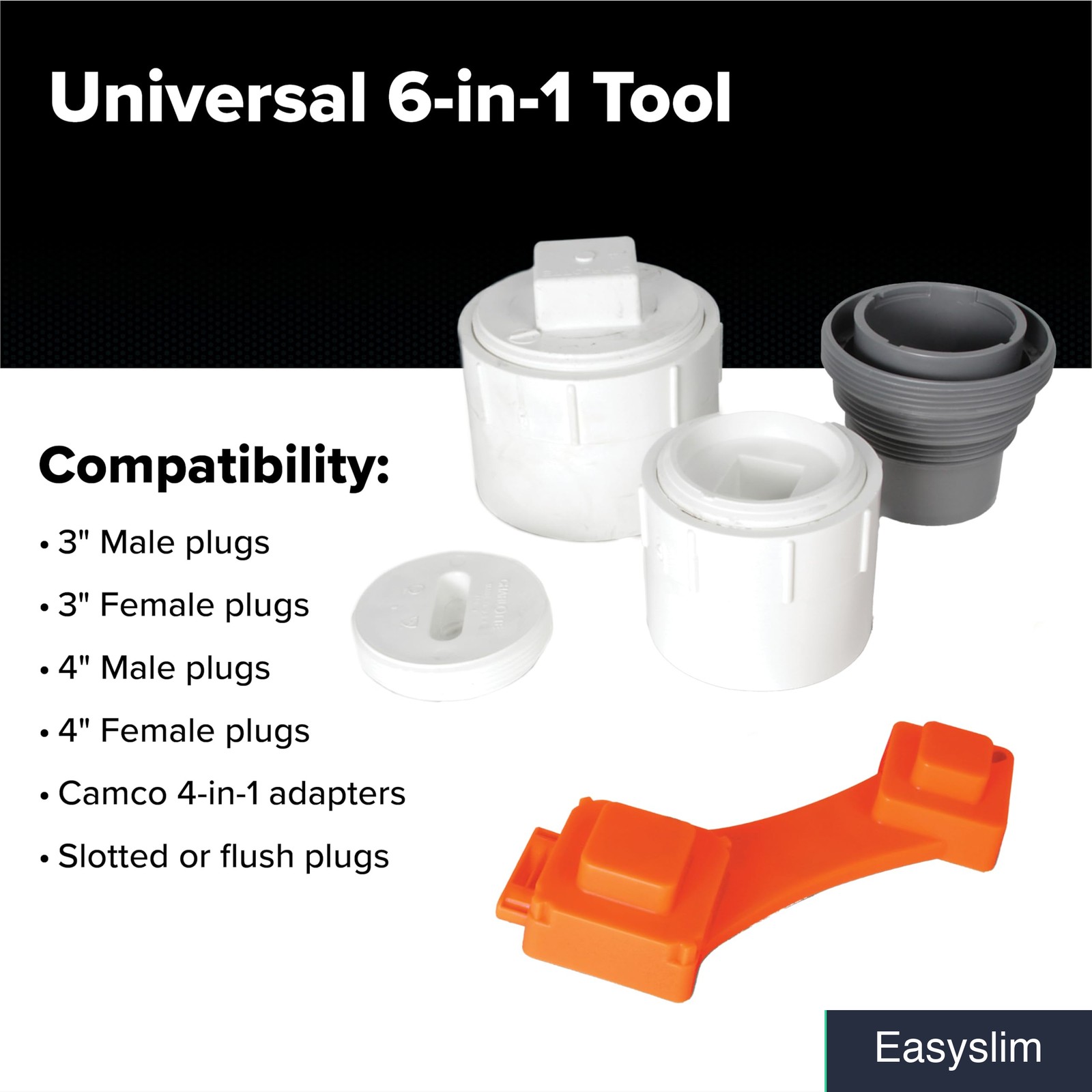 RV Sewer Wrench 6-in-1 Universal 3″ and 4″ Plugs Orange Plastic