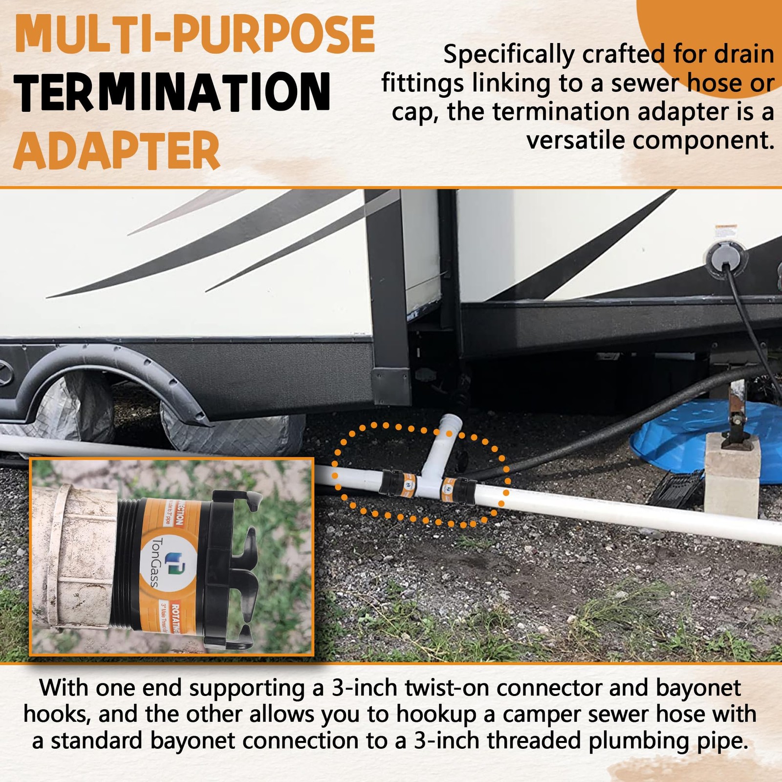 TonGass (2 x Combo Pack, Black) RV Sewer Pipe Adapter, 2 x Black