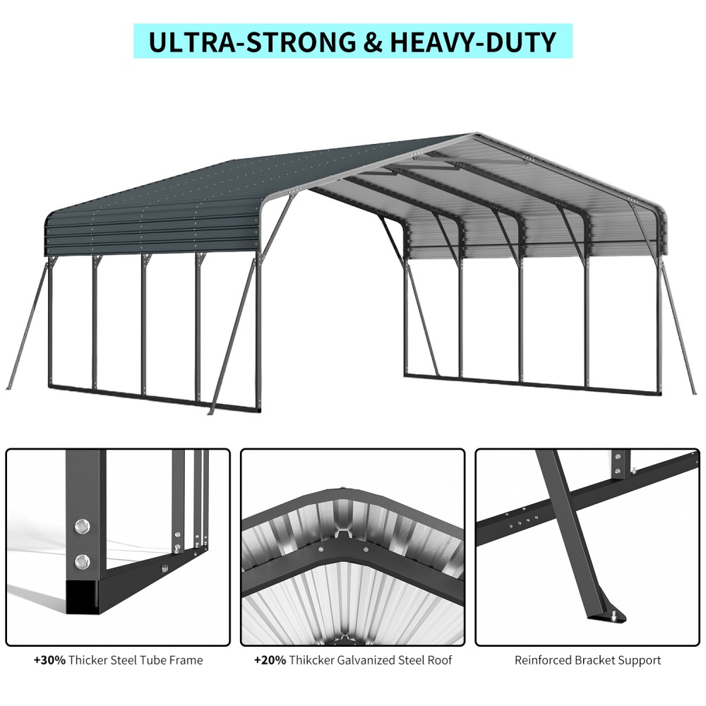 20×20 Ft Heavy Duty Metal Carport Galvanized Steel Roof Outdoor Garage Shelter