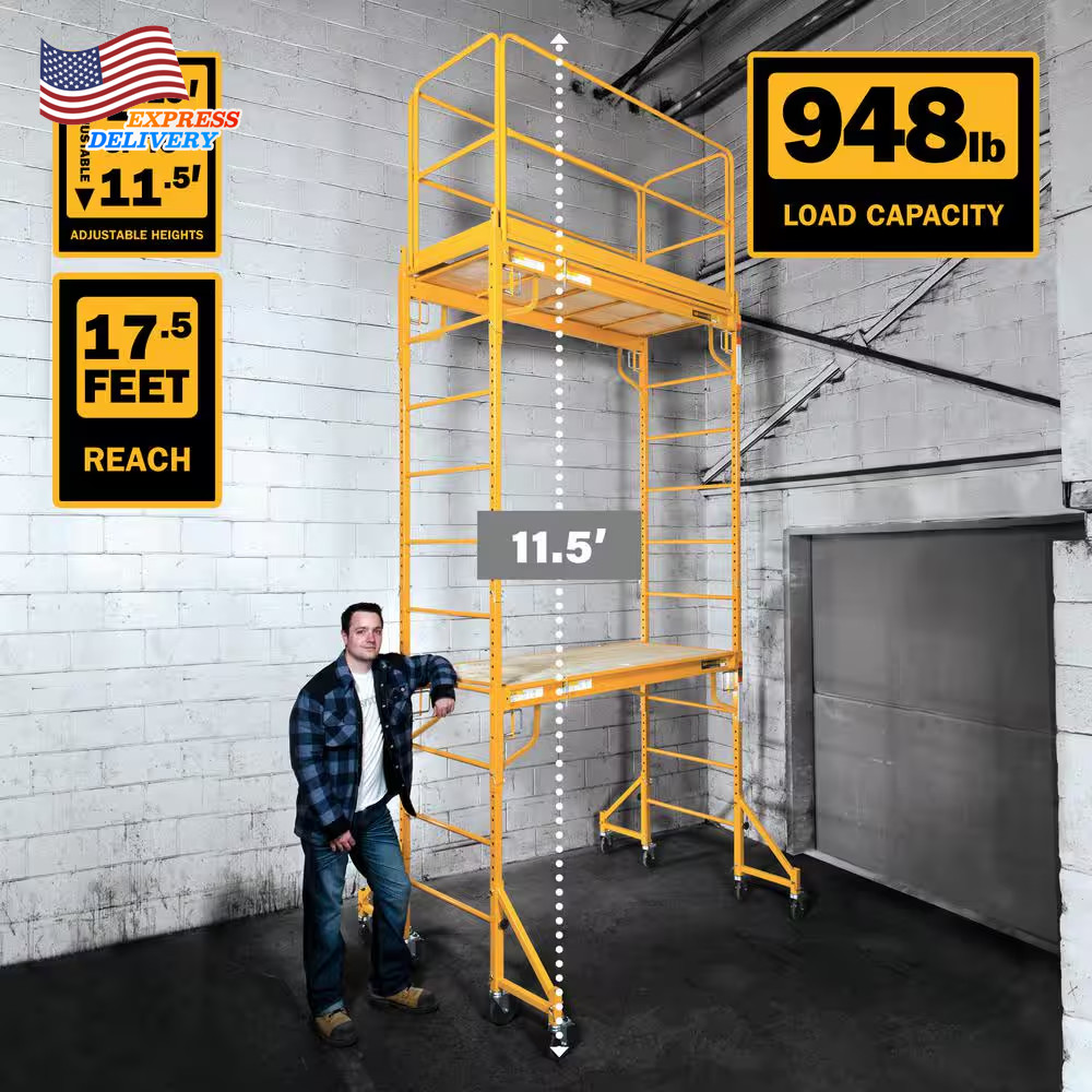 12 Ft Jobsite 2-Story Mobile Baker Scaffold Tower with Outriggers & Guard Rail