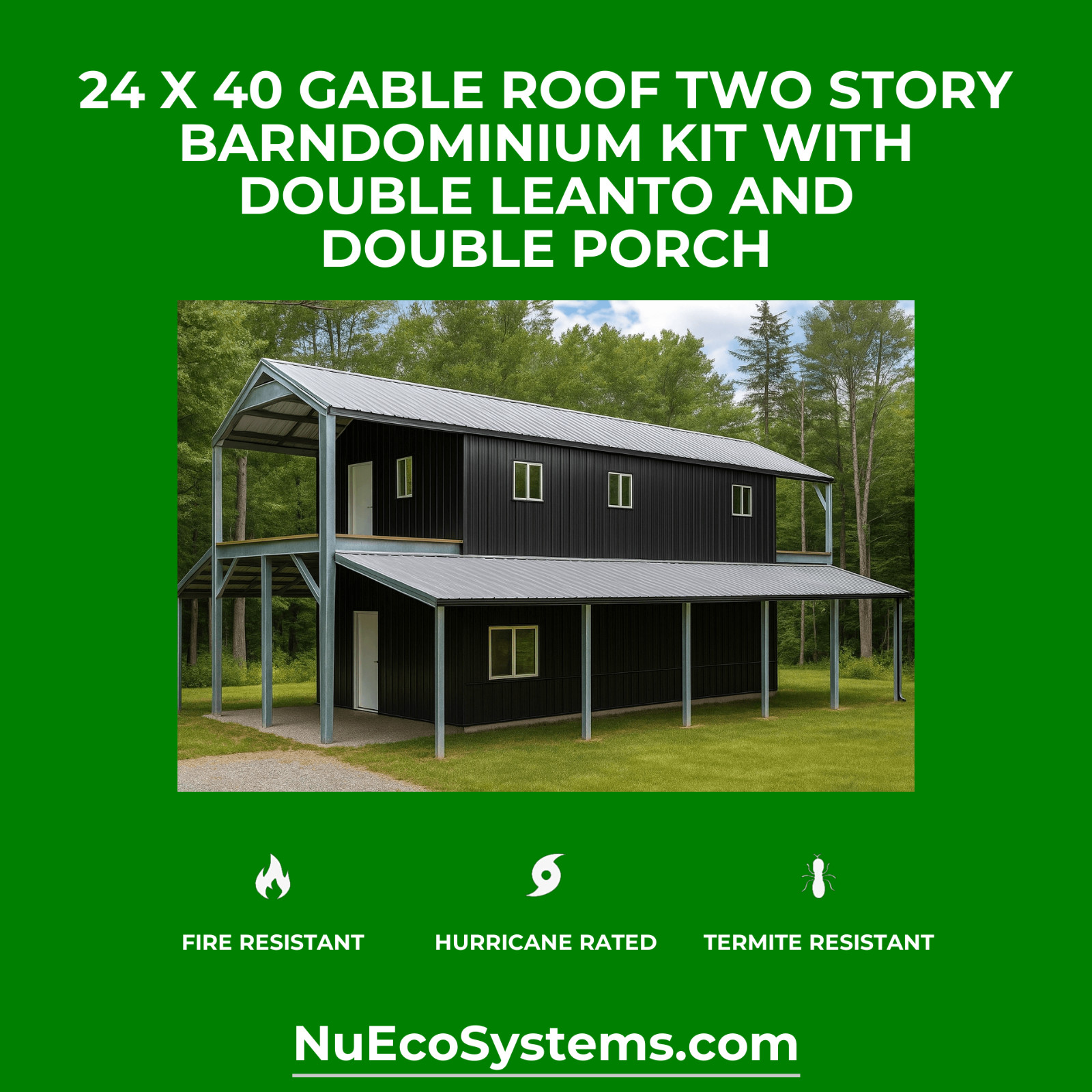 Fire & Hurricane Resistant Barndominium Home Kit with Covered Porches