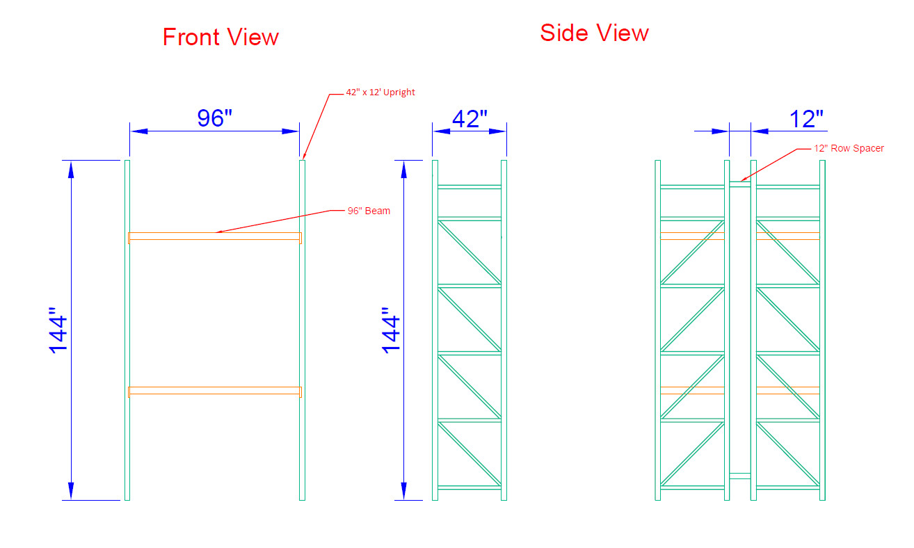 (10) BAYS OF TEAR DROP PALLET RACK 42″x96″x12′ Bolted Teardrop racking NEW