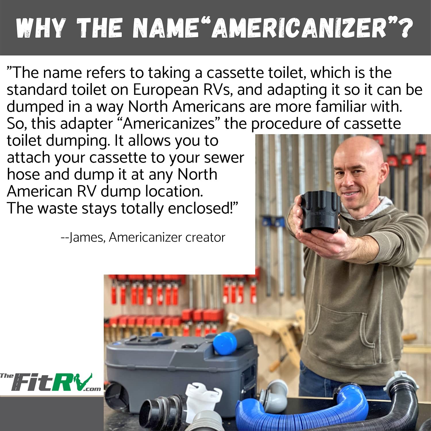 The Americanizer – RV Sewage Adapter for Cassettes and Portable Toilets. Black