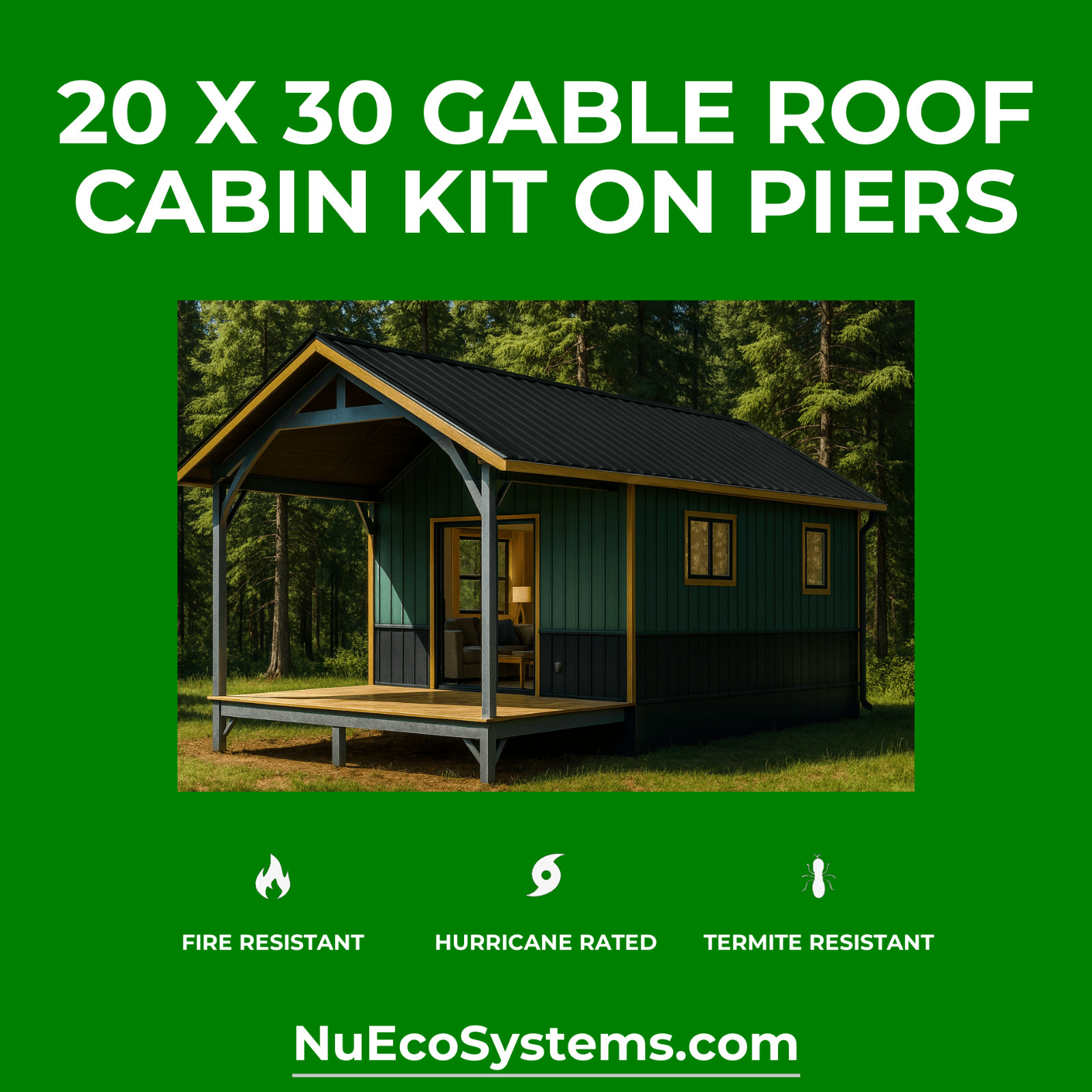 U.S. Made Galvanized Steel On & Off Grid 15 x 30 Cabin Kit Large Porch