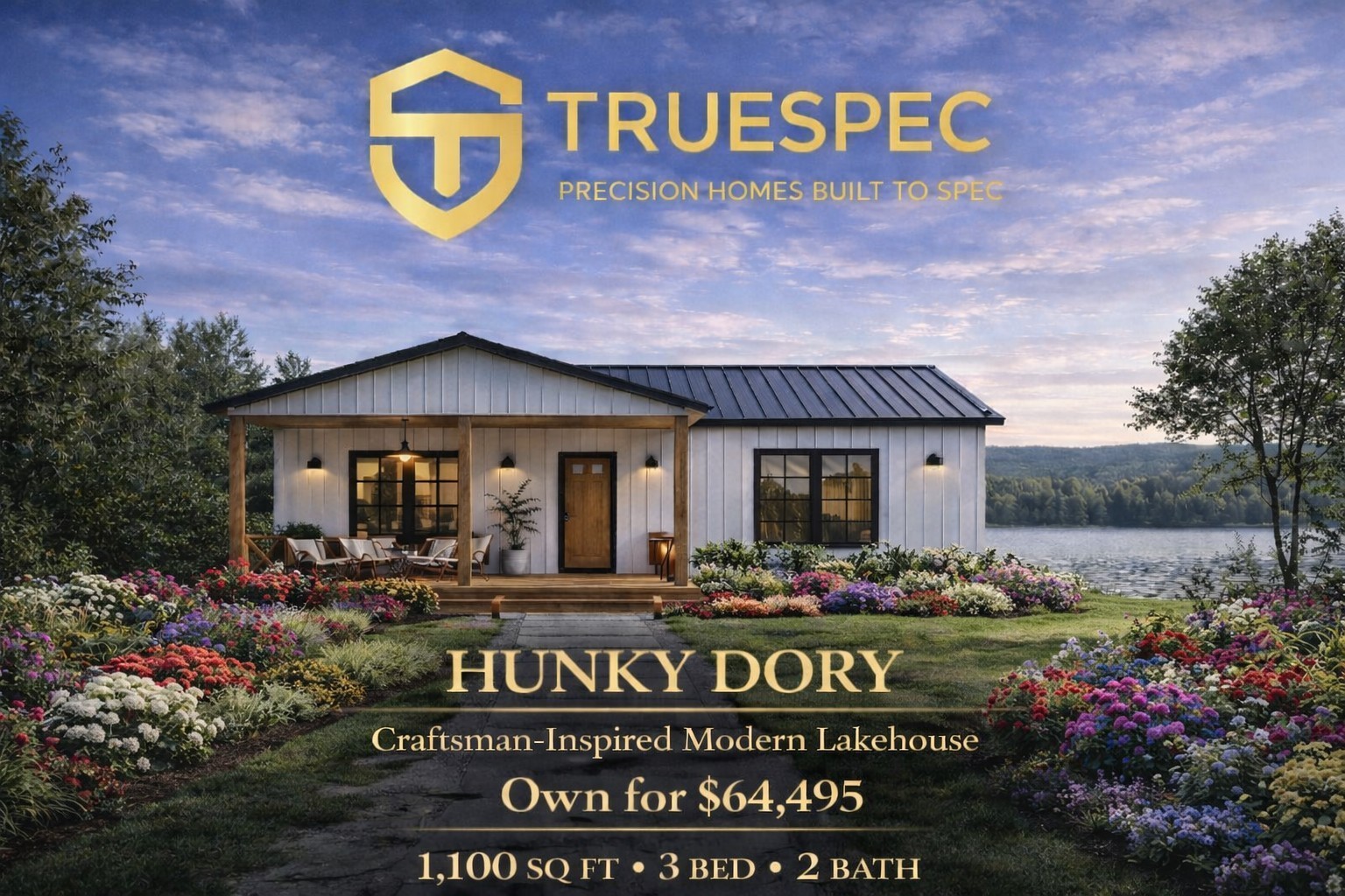 TrueSpec Hunky Dory Prefab Home Kit 1087SF 3Bed 2Bath Deck $64,495 FREE SHIP