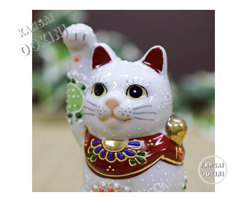 Kutani Japanese Maneki Neko Right Hand Lucky White Cat Ceramic