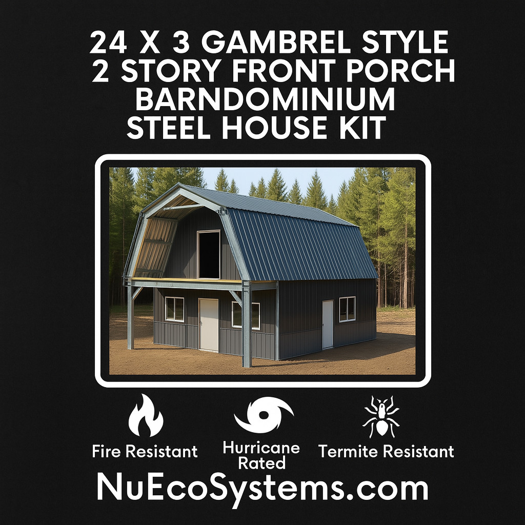 Steel Framed 2 Story Gambrel Barndominium Cabin Kit Covered Porch Made In The US