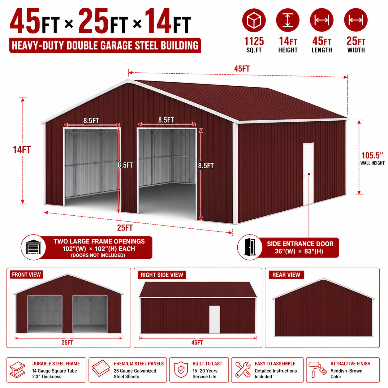 45′ x 25′ Metal Car Garage/Outdoor Storage Shed Galvanized Steel Barn Dark-Red
